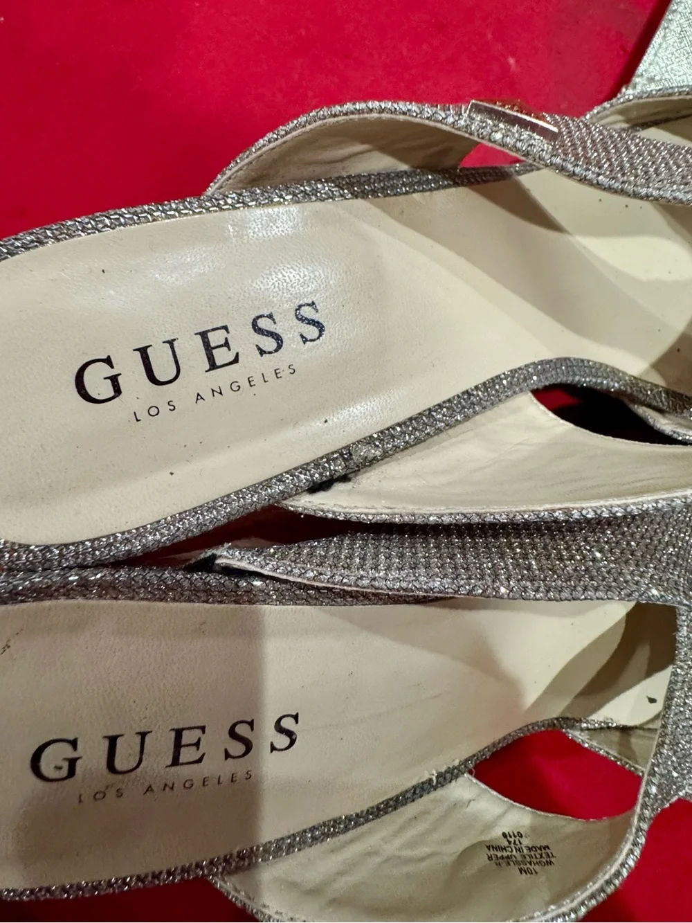 GUESS Silver Glitter Slingback Mules with Matching Clutch